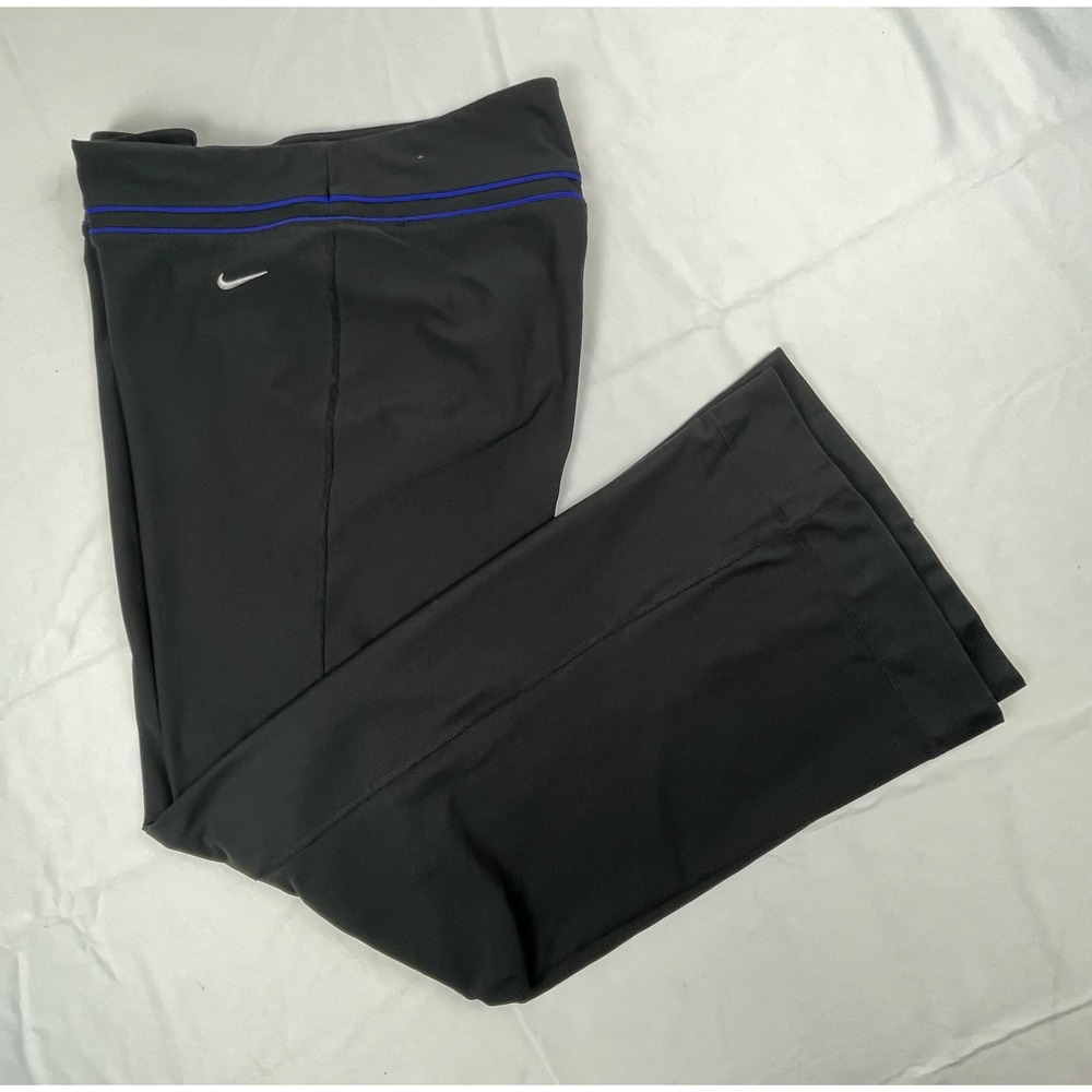 Nike Womens Athletic Pants Black Blue Trim Wide Leg Swoosh Logo L 339515 0332